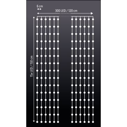 Brilagi - LED Kalėdinė užuolaida 300xLED/8 funkcijos/3xAA/USB 1,2m šaltai balta