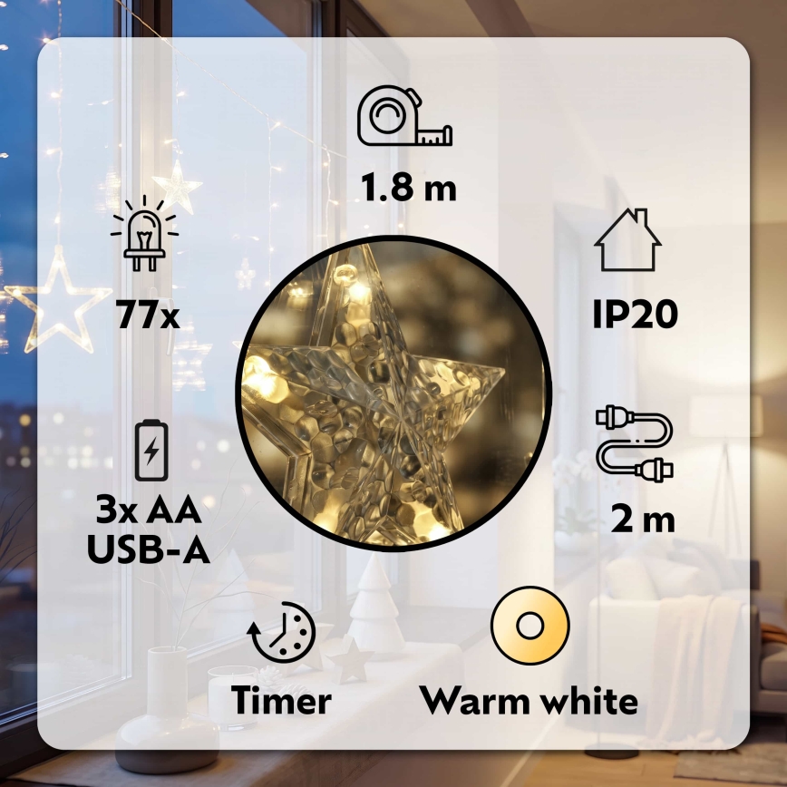 BRILAGI - LED Kalėdinė užuolaida 77xLED/3xAA/USB 1,8m šiltai balta