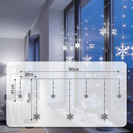 BRILAGI - LED kalėdinė užuolaida 77xLED/3xAA/USB 3,8m snaigės šaltai balta