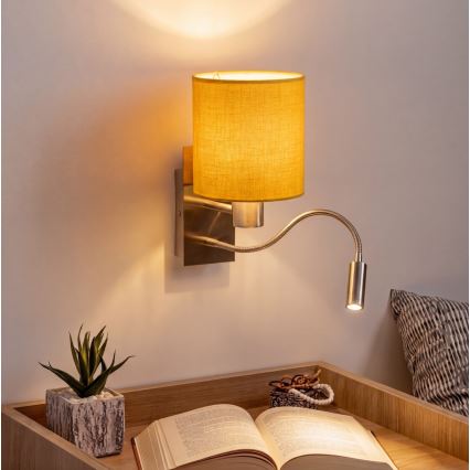 Brilagi - LED lanksčioji sieninė lempa NUBILA 1xE27/25W/230V + LED/3W matinis chromas/geltona