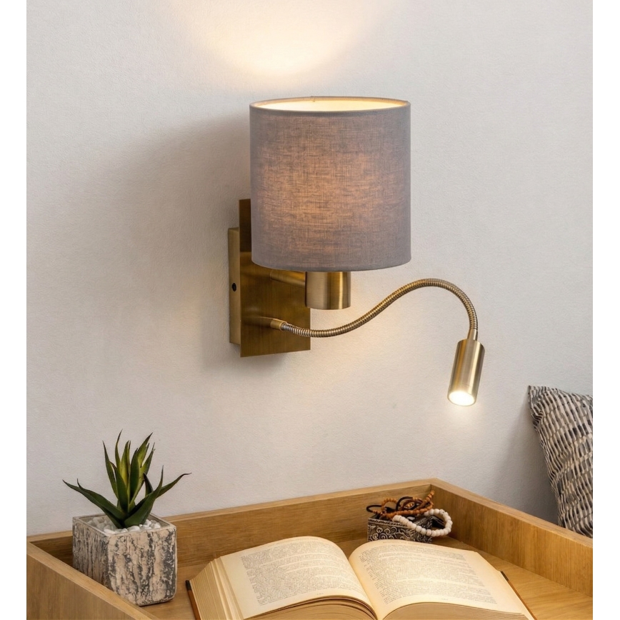 Brilagi - NUBILA lanksti LED sieninė lempa 1xE27/25W/230V + LED/3W žalvaris/šviesiai pilka