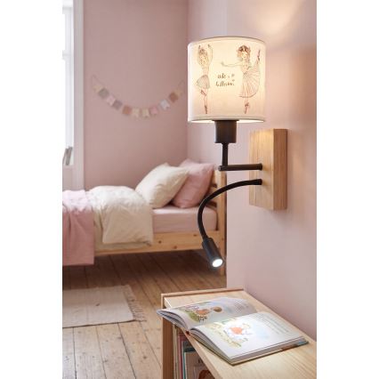 BRILAGI - LED vaikiška lanksti sieninė lempa BOBO WOOD 1xE27/25W/230V + LED/3W ąžuolas/juoda/balta/rožinė/baleto bateliai