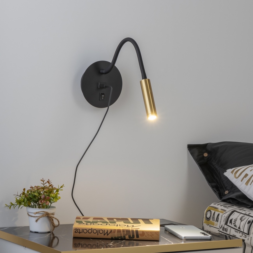 Brilagi - LED lanksti sieninė lempa su USB prievadu MAYA LED/3W/230V 4000K juoda/auksinė