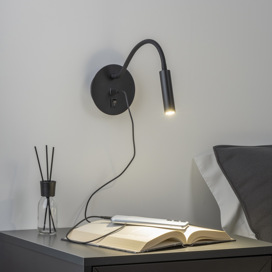 Brilagi - LED lanksti sieninė lempa su USB prievadu MAYA LED/3W/230V 4000K juoda