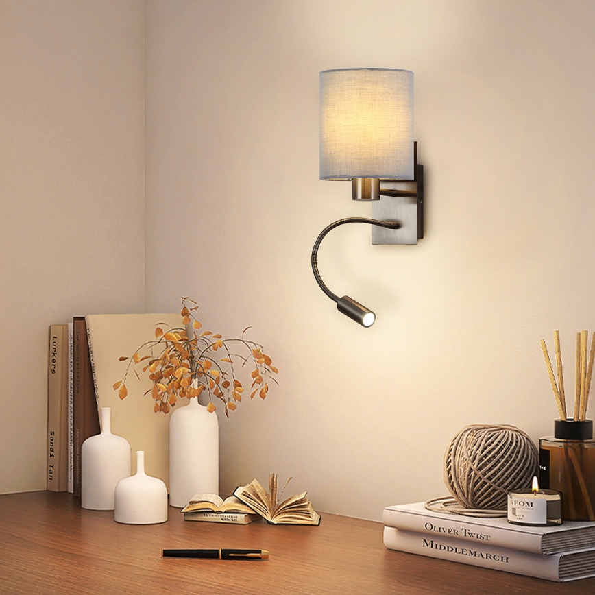 Brilagi - LED Lankstus sieninis šviestuvas NUBILA 1xE27/25W/230V + LED/3W matinis chromas/pilka