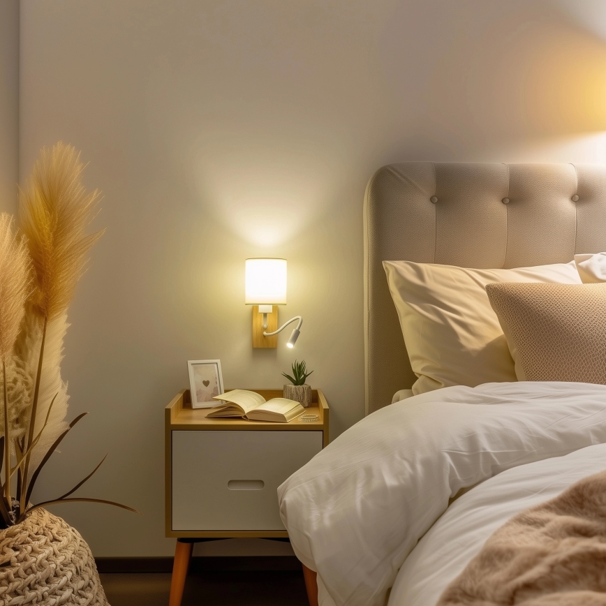 Brilagi - LED Lankstus sieninis šviestuvas NUBILA WOOD 1xE27/25W/230V + LED/3W ąžuolas/balta/kreminė