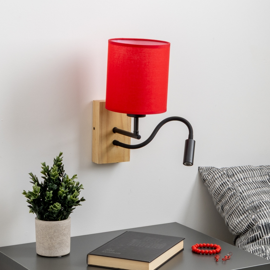 Brilagi - LED Lankstus sieninis šviestuvas NUBILA WOOD 1xE27/25W/230V + LED/3W ąžuolas/raudona
