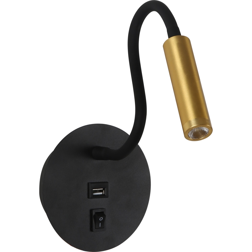 Brilagi - LED lanksti sieninė lempa su USB prievadu MAYA LED/3W/230V 4000K juoda/auksinė