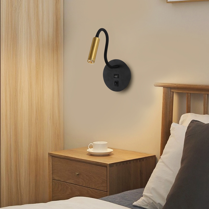 Brilagi - LED lanksti sieninė lempa su USB prievadu MAYA LED/3W/230V 4000K juoda/auksinė