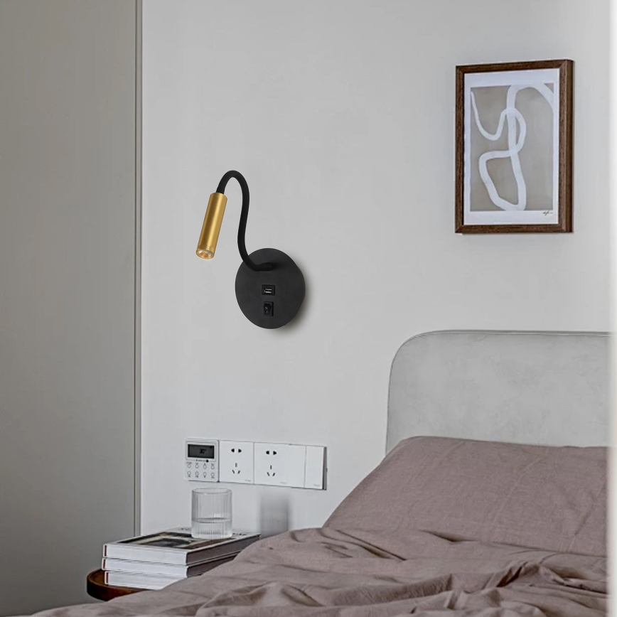 Brilagi - LED lanksti sieninė lempa su USB prievadu MAYA LED/3W/230V 4000K juoda/auksinė