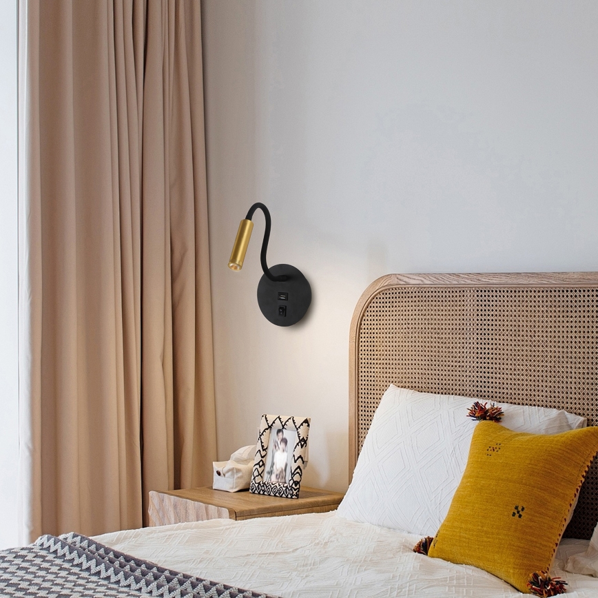 Brilagi - LED lanksti sieninė lempa su USB prievadu MAYA LED/3W/230V 4000K juoda/auksinė