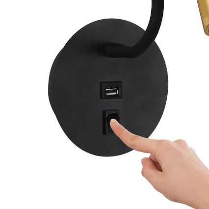 Brilagi - LED lanksti sieninė lempa su USB prievadu MAYA LED/3W/230V 4000K juoda/auksinė