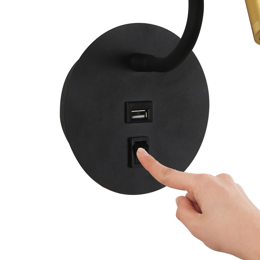 Brilagi - LED lanksti sieninė lempa su USB prievadu MAYA LED/3W/230V 4000K juoda/auksinė