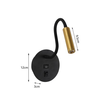 Brilagi - LED lanksti sieninė lempa su USB prievadu MAYA LED/3W/230V 4000K juoda/auksinė