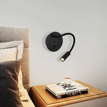 Brilagi - LED lanksti sieninė lempa su USB prievadu MAYA LED/3W/230V 4000K juoda