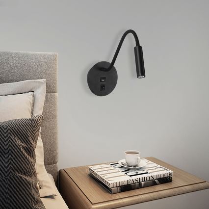 Brilagi - LED lanksti sieninė lempa su USB prievadu MAYA LED/3W/230V 4000K juoda