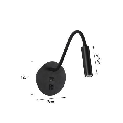 Brilagi - LED lanksti sieninė lempa su USB prievadu MAYA LED/3W/230V 4000K juoda