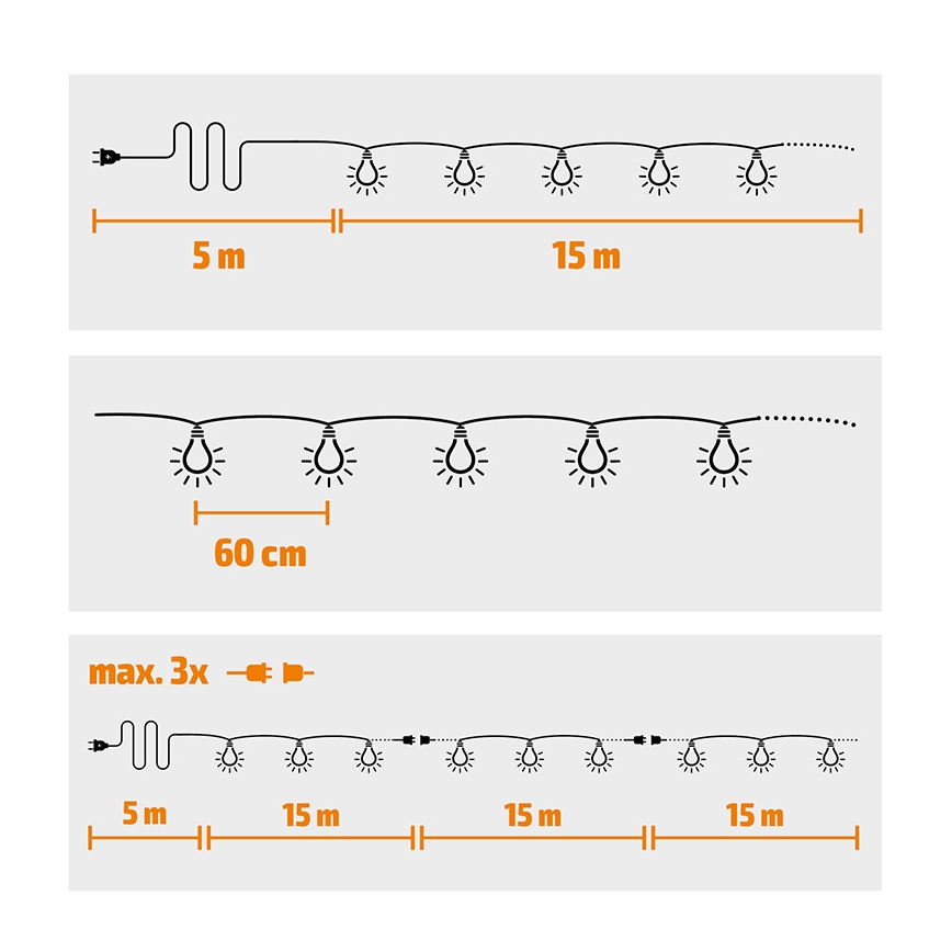 Brilagi - LED lauko dekoratyvinė girlianda GIRLANDA 25xE12/0,8W/230V 20m balta IP44 šilta balta