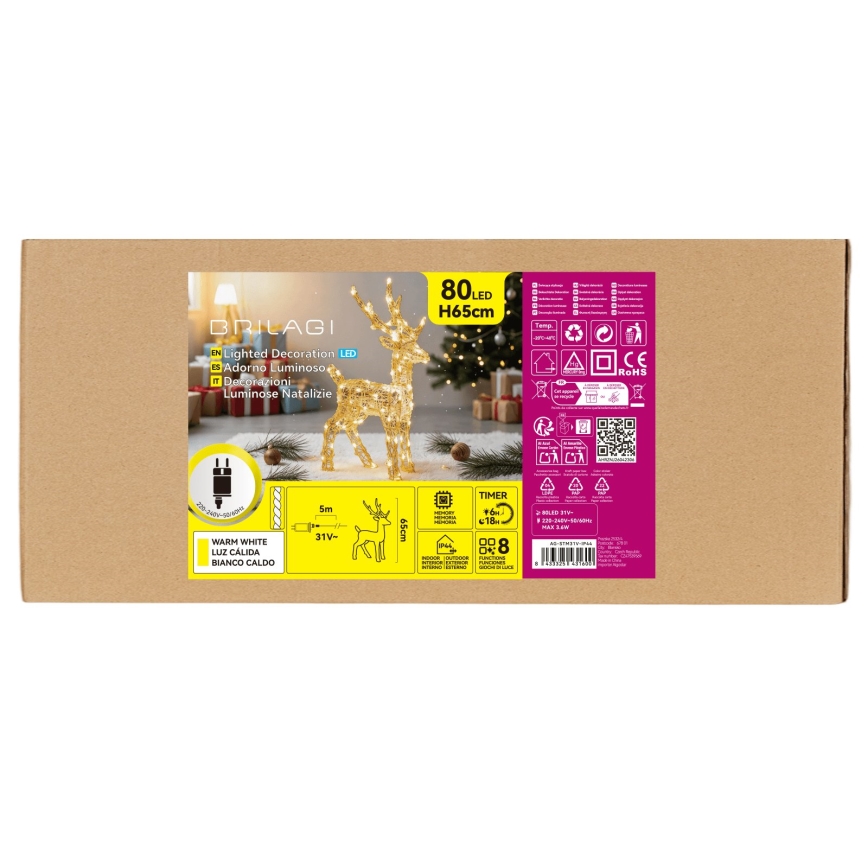 BRILAGI - LED Lauko kalėdinė dekoracija LED/3,6W/8 funkcijų 65 cm IP44 elnias šilta balta