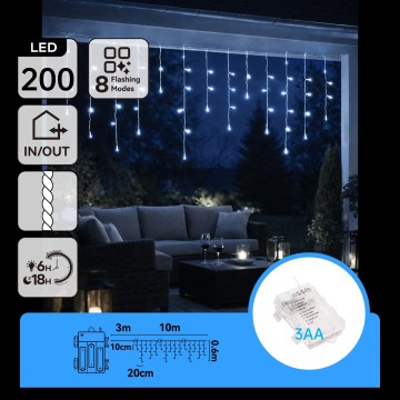 BRILAGI - LED Lauko kalėdinė girlianda 200xLED/3xAA/8 funkcijų 13x0,6m IP44 šaltai balta