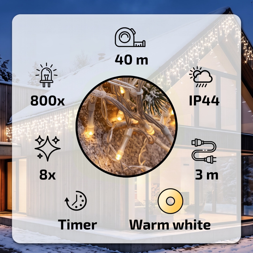 BRILAGI - LED lauko kalėdinė varveklinė girlianda 800xLED/8 funkcijų 43m IP44 šiltai balta