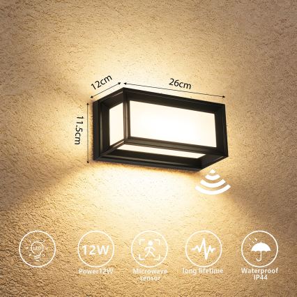 Brilagi - LED lauko sieninis šviestuvas su judesio jutikliu PARKER LED/12W/230V juodas IP44