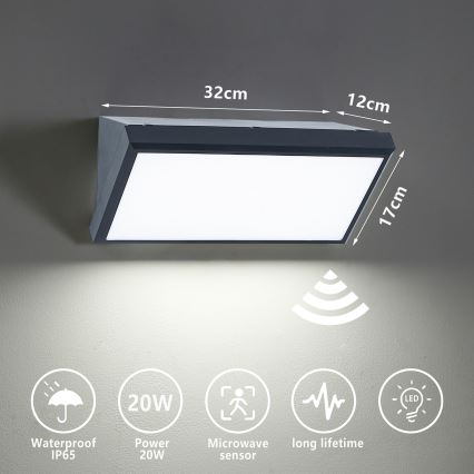 Brilagi - LED lauko sieninis šviestuvas su jutikliu TRIANGLE LED/20W/230V antracitas IP65