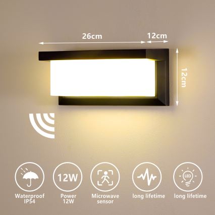 Brilagi - LED Lauko sieninis šviestuvas su jutikliu BRICKY LED/12W/230V juoda IP54