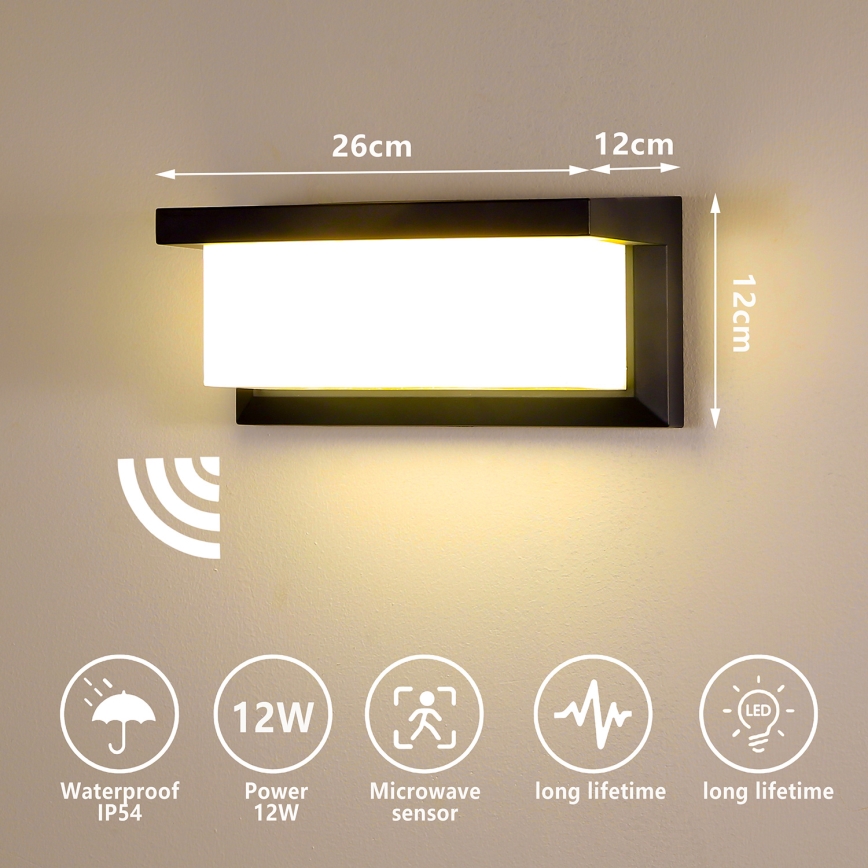 Brilagi - LED Lauko sieninis šviestuvas su jutikliu BRICKY LED/12W/230V juoda IP54