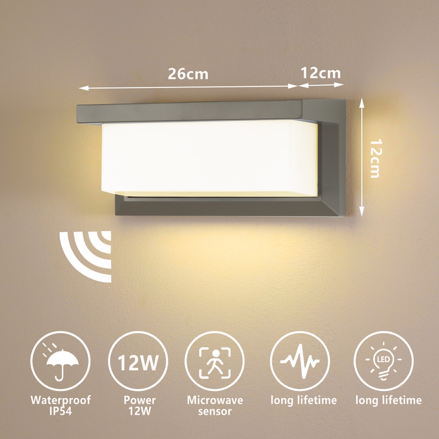 Brilagi - LED Lauko sieninis šviestuvas su jutikliu BRICKY LED/12W/230V pilka IP54