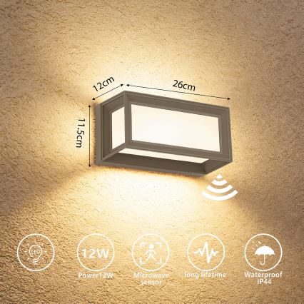Brilagi - LED lauko sieninis šviestuvas su jutikliu PARKER LED/12W/230V pilkas IP44
