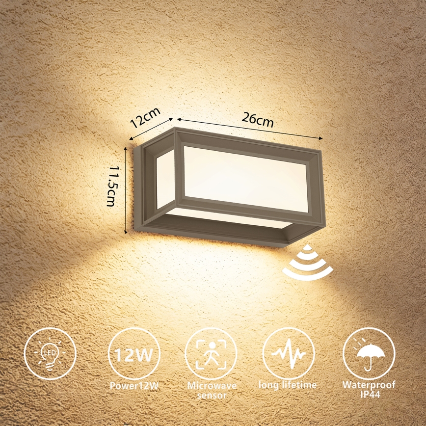 Brilagi - LED lauko sieninis šviestuvas su jutikliu PARKER LED/12W/230V pilkas IP44