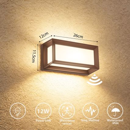 Brilagi - LED lauko sieninis šviestuvas su judesio jutikliu PARKER LED/12W/230V, rudos spalvos, IP44