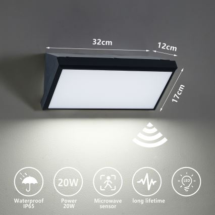 Brilagi - LED lauko sieninis šviestuvas su jutikliu TRIANGLE LED/20W/230V juodas IP65
