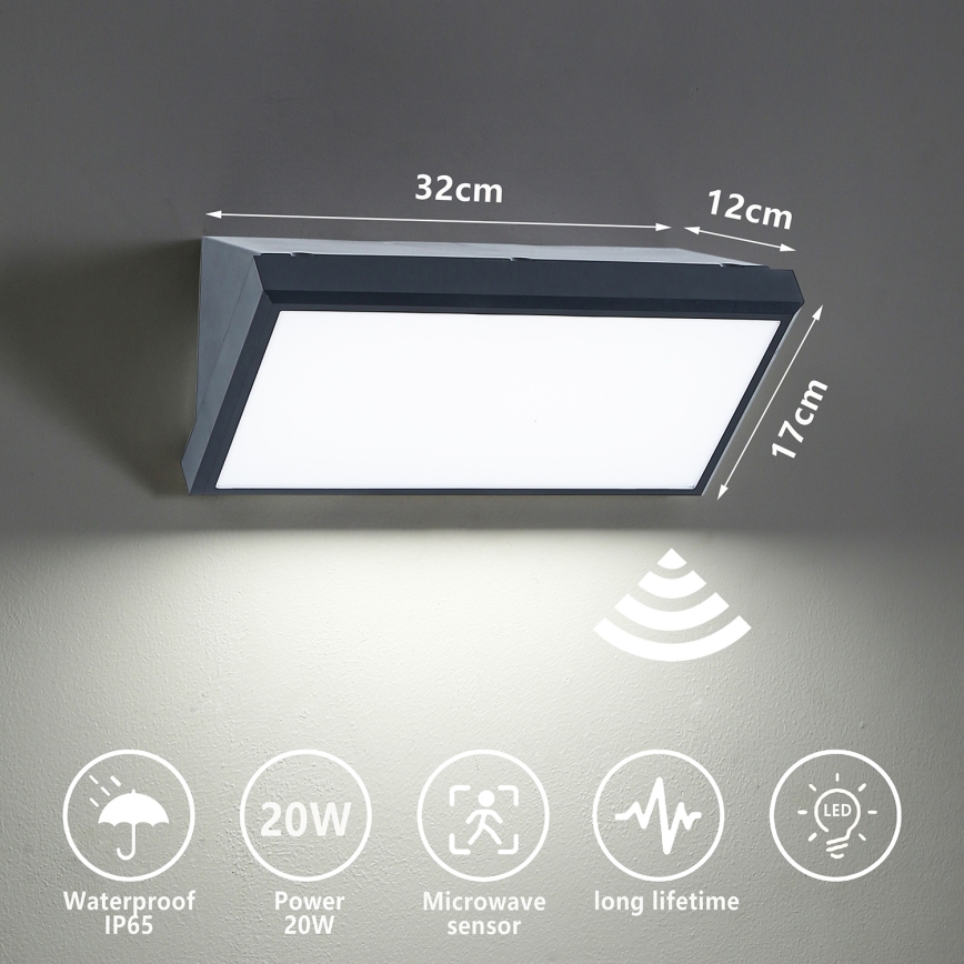 Brilagi - LED lauko sieninis šviestuvas su jutikliu TRIANGLE LED/20W/230V antracito spalvos IP65