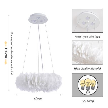 BRILAGI - LED liustra ant laido FEATHER 3xE27/40W/230V + 3xLED/3W, skersmuo 40 cm, balta