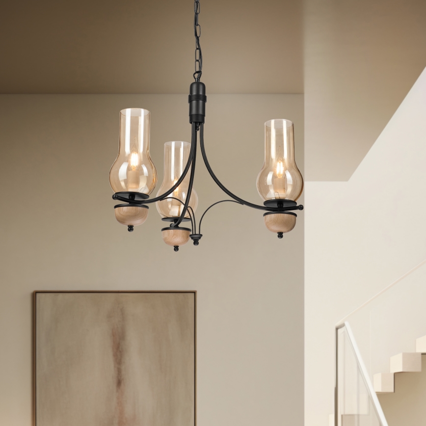 Brilagi - LED liustra su grandine COTTAGE 3xE14/40W/230V ąžuolas/juoda/dūminė smėlinė