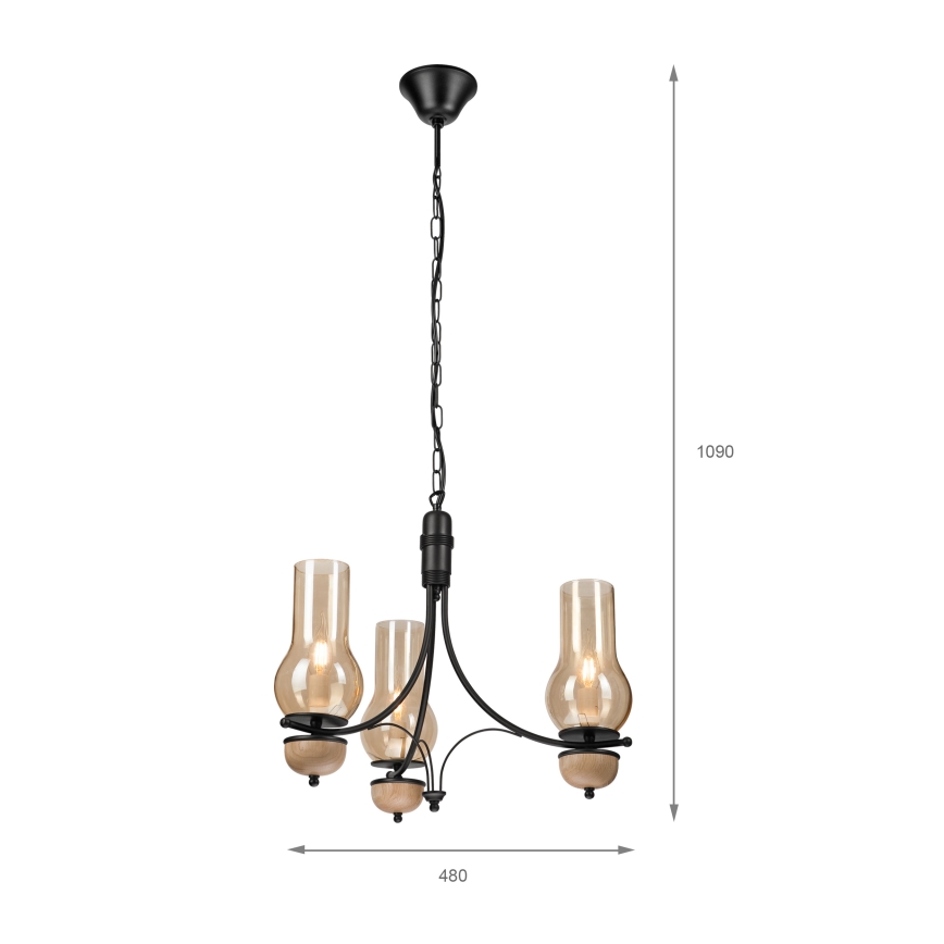 Brilagi - LED liustra su grandine COTTAGE 3xE14/40W/230V ąžuolas/juoda/dūminė smėlinė