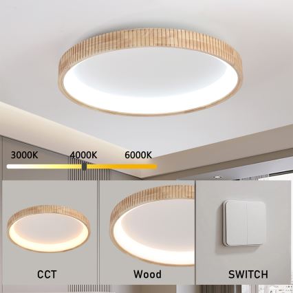 Brilagi – LED lubinis šviestuvas FALCON WOOD MODERN, LED/60 W/230 V, 3000/4000/6000 K, Ø 80 cm, medžio apdaila