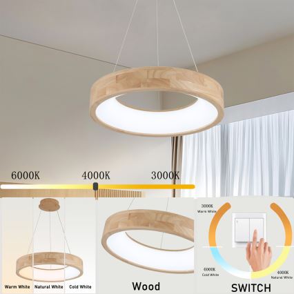 Brilagi - pakabinamas LED šviestuvas ant laido FALCON WOOD LED/30W/230V 3000/4000/6000K Ø 45 cm, medinis