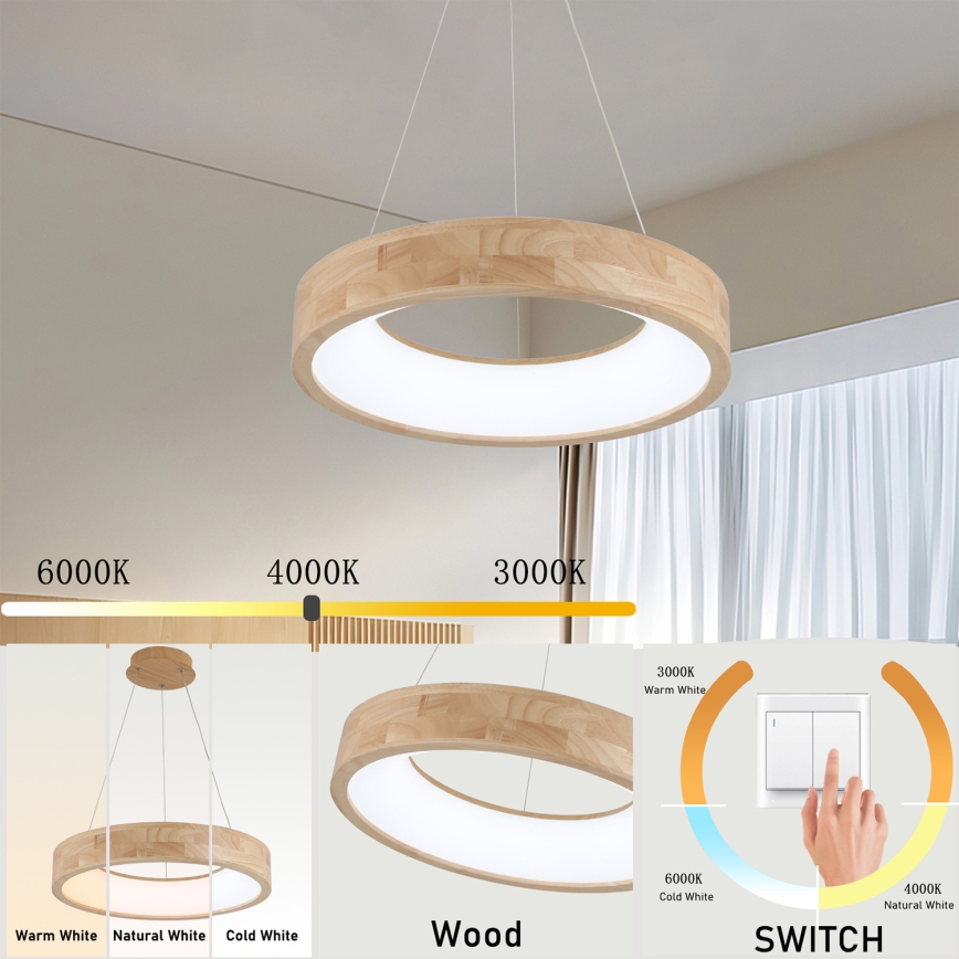 Brilagi - pakabinamas LED šviestuvas ant laido FALCON WOOD LED/30W/230V 3000/4000/6000K Ø 45 cm, medinis