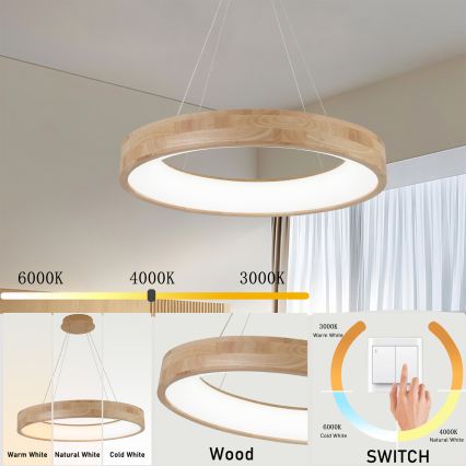 Brilagi - LED liustra ant laido FALCON WOOD LED/40W/230V 3000/4000/6000K Ø 60 cm, medinė