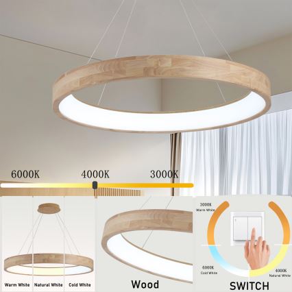 Brilagi - LED pakabinama liustra ant laido FALCON WOOD LED/60W/230V 3000/4000/6000K skersmuo 80 cm, mediena