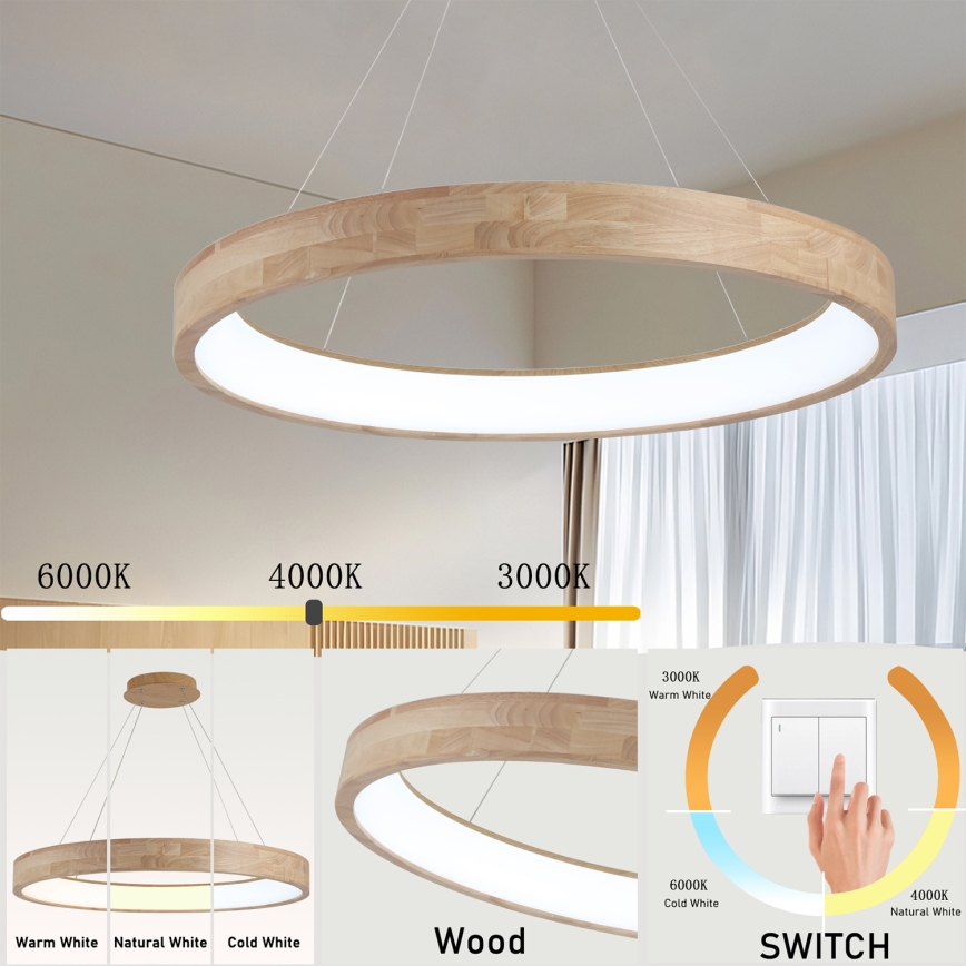 Brilagi - LED pakabinama liustra ant laido FALCON WOOD LED/60W/230V 3000/4000/6000K skersmuo 80 cm, mediena