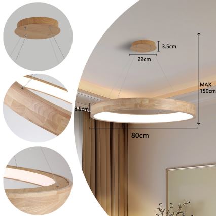 Brilagi - LED pakabinama liustra ant laido FALCON WOOD LED/60W/230V 3000/4000/6000K skersmuo 80 cm, mediena