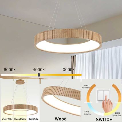 Brilagi - LED pakabinamas šviestuvas ant laido FALCON WOOD MODERN LED/40W/230V 3000/4000/6000K, skersmuo 60 cm, medinis