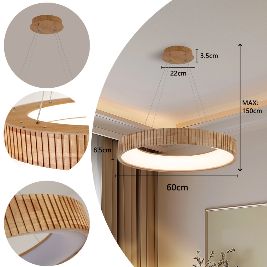 Brilagi - LED pakabinamas šviestuvas ant laido FALCON WOOD MODERN LED/40W/230V 3000/4000/6000K, skersmuo 60 cm, medinis