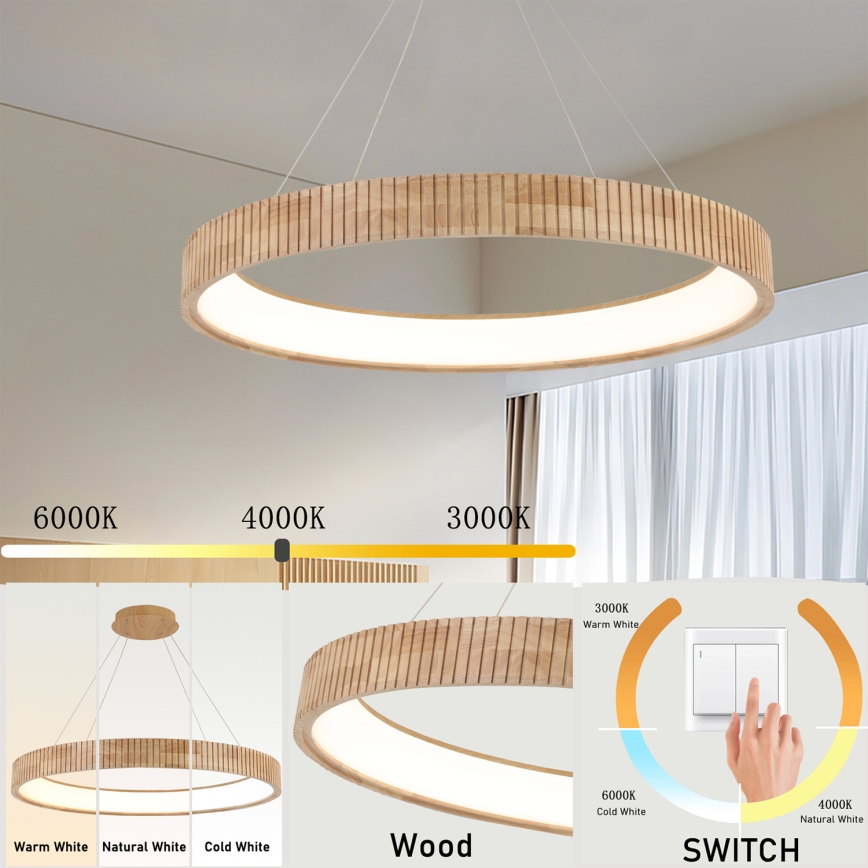 Brilagi - Pakabinamas LED šviestuvas ant laido FALCON WOOD MODERN LED/60W/230V 3000/4000/6000K, skersmuo 80 cm, mediena