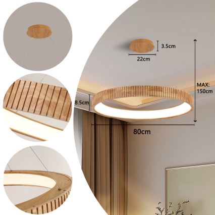 Brilagi - Pakabinamas LED šviestuvas ant laido FALCON WOOD MODERN LED/60W/230V 3000/4000/6000K, skersmuo 80 cm, mediena