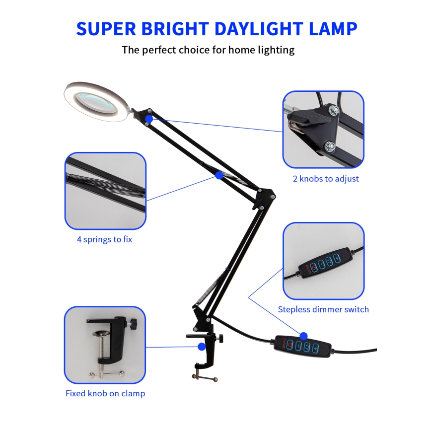 Brilagi - LED pritemdomas stalinis šviestuvas su padidinamuoju stiklu LENS LED/12W/5V 3000/4200/6000K juoda
